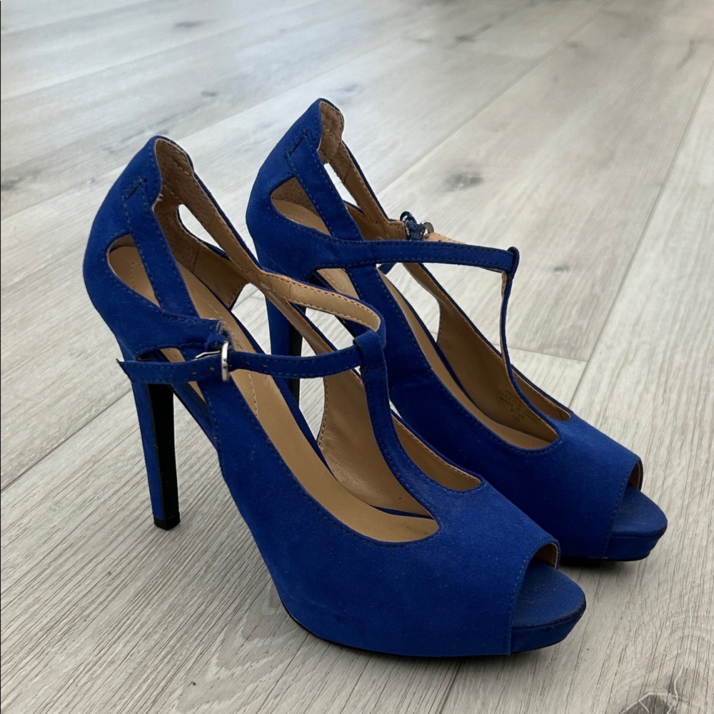 Guess Blue T-Strap Peep Toe Heels